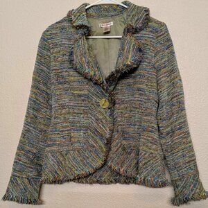 Laura Ashley Multicolored Striped Fringed Tweed Jacket With Single Button